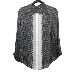 Alyx Sheer Feminine Geo Pattern Collared Long Sleeve Lightweight Blouse  M